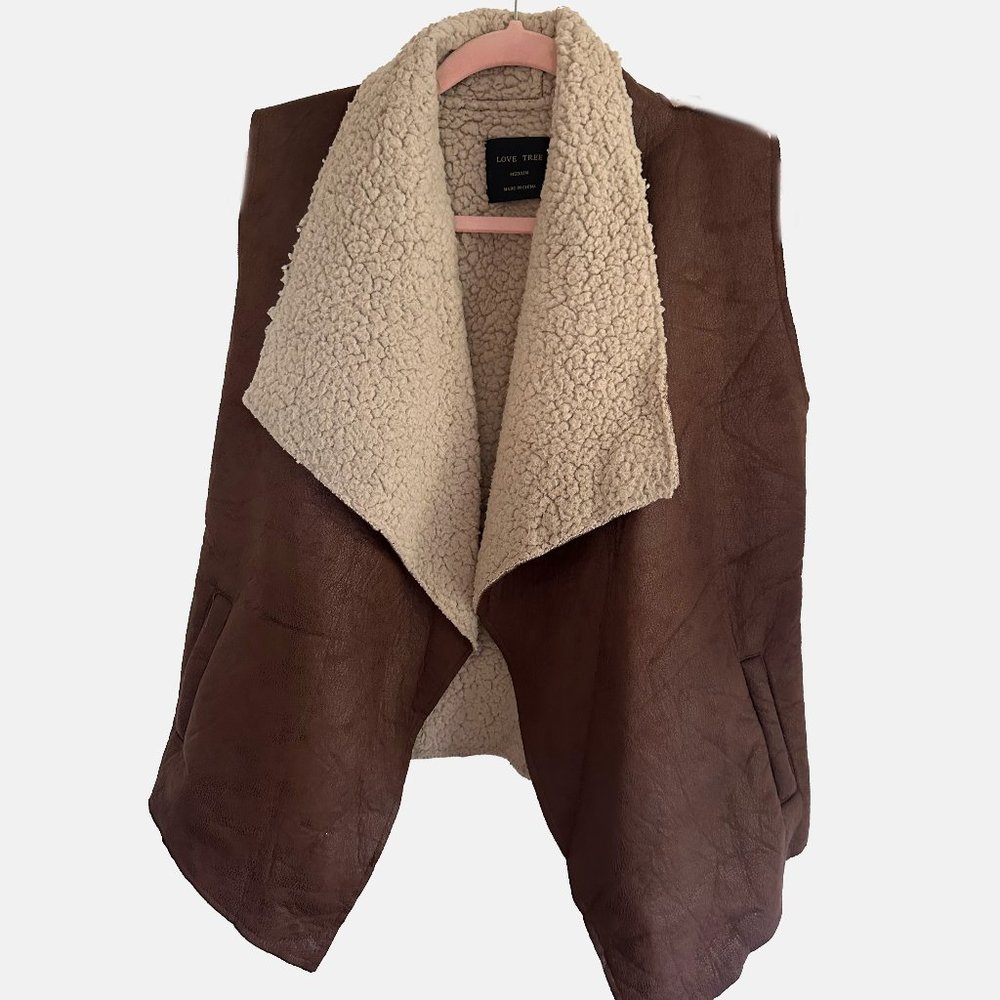 Love Tree Women's Brown Sleeveless Open Style Sherpa Lined Vest Jacket Size M